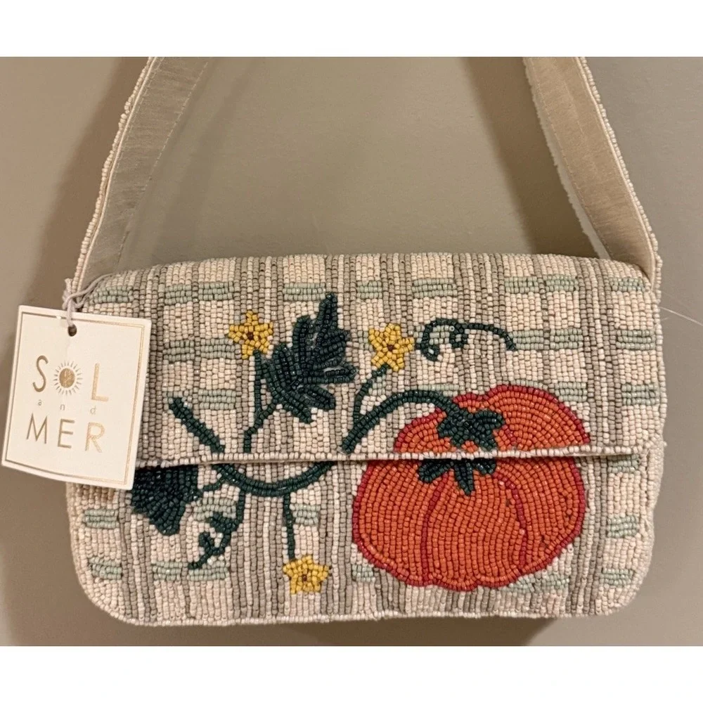 Sol and Mer Small Beaded Fall Pumpkin Vine Handbag Snap Closure Beige Multi NWT
